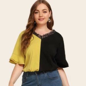 Plus Lace Flounce Sleeve Color Block Blouse